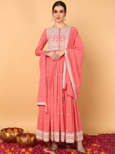Women Pink Georgette Embroidered Thread Work Flared Kurta with Dupatta